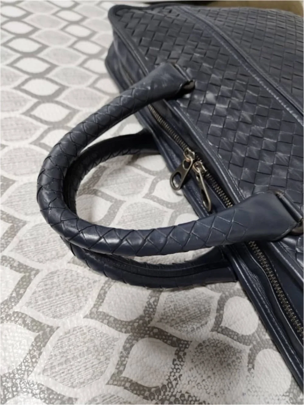 Authentic Bottega Veneta Intrecciato Top Zip Briefcase Navy Blue